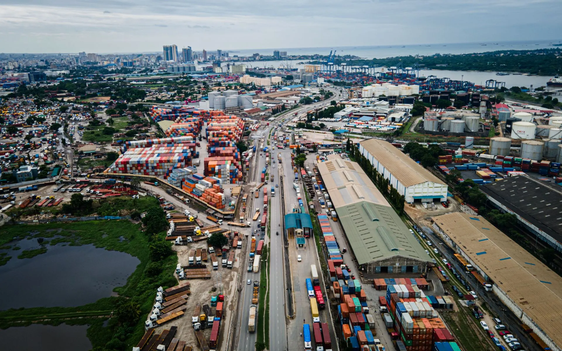 Aerial view of a port city and its container yards