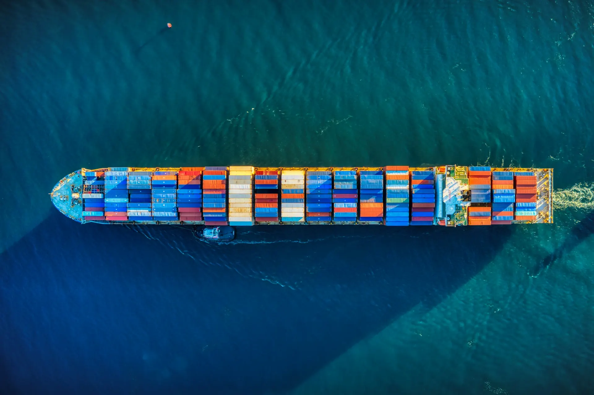 A container vessel under way, seen from above